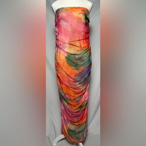 NWT PRETTYLITTLETHING Colourful Mesh Bandeau‎ Ruched Maxi Summer Dress Size 12